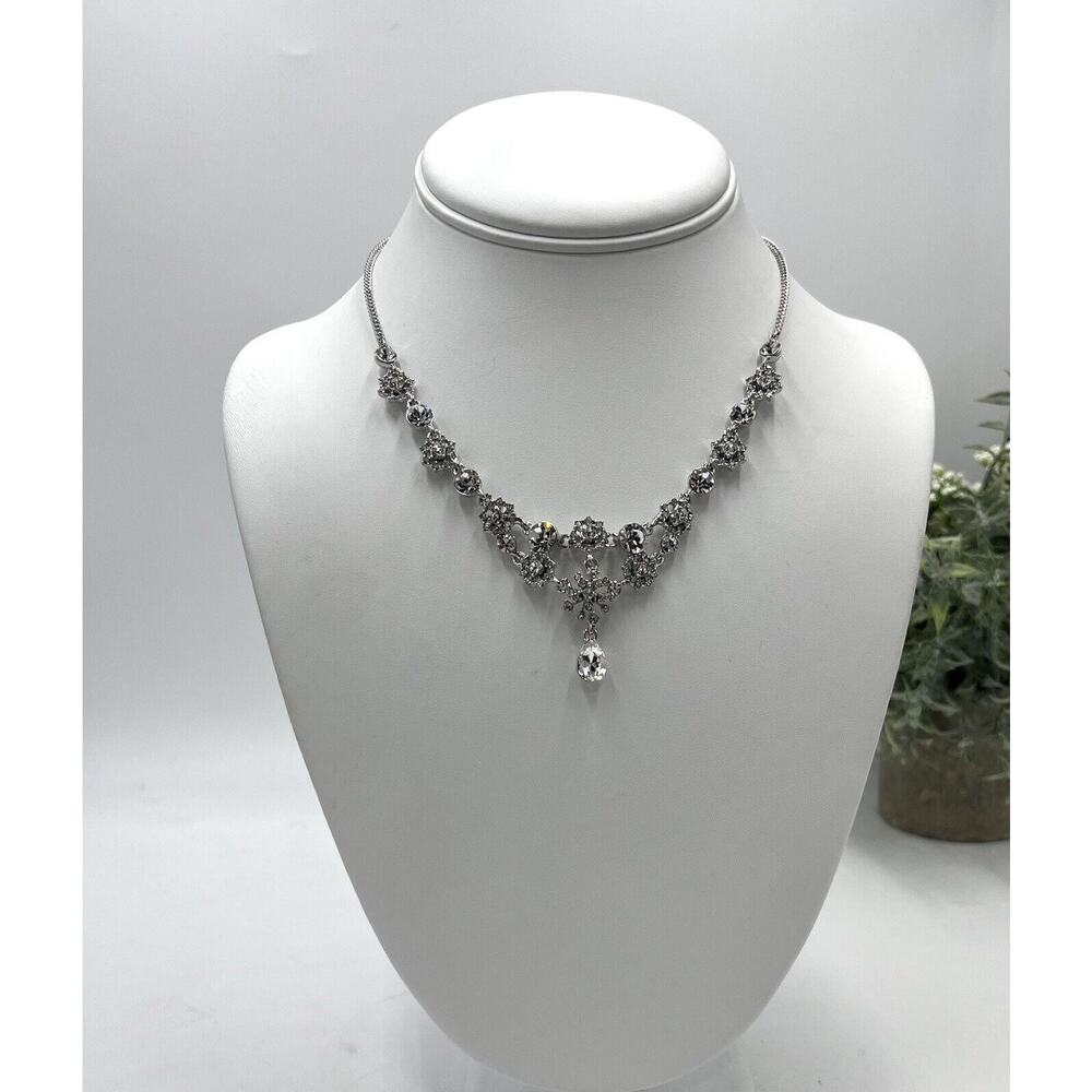 Givenchy Womens Silver Tone Crystal Starbust Teardrop Floral Bling Necklace New